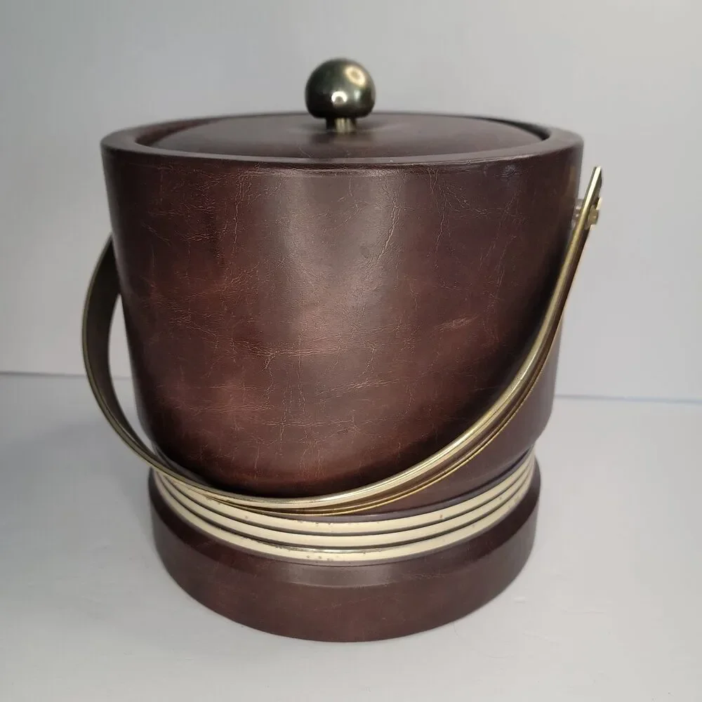 Vintage MCM Brown Vinyl Ice Bucket High Rise Brass Handle Retro Barware 8 In